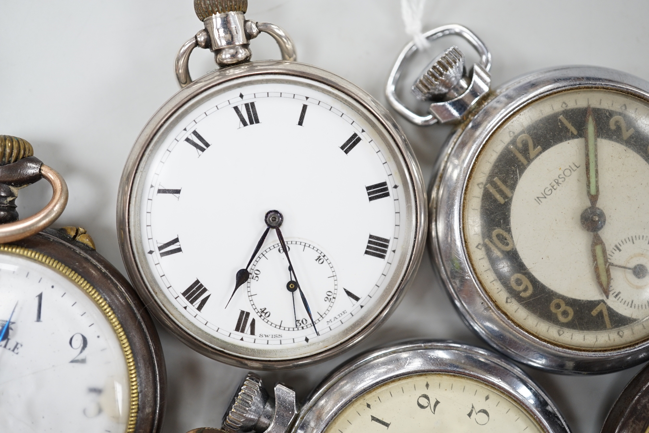 Ten assorted base metal pocket watches including Omega, Waltham and Ingersoll.